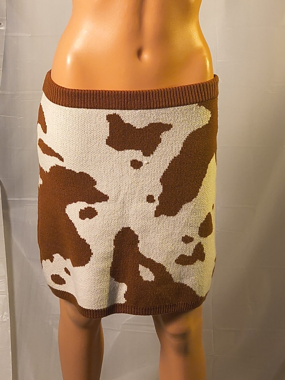 Eden Sky Brown Cream Cow Print Knit Mini Skirt L Y2K Western